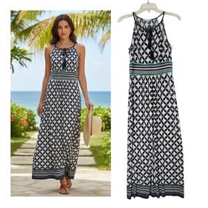 Studio One Halter Maxi Dress Petite M Geometric Navy White Resort Vacation